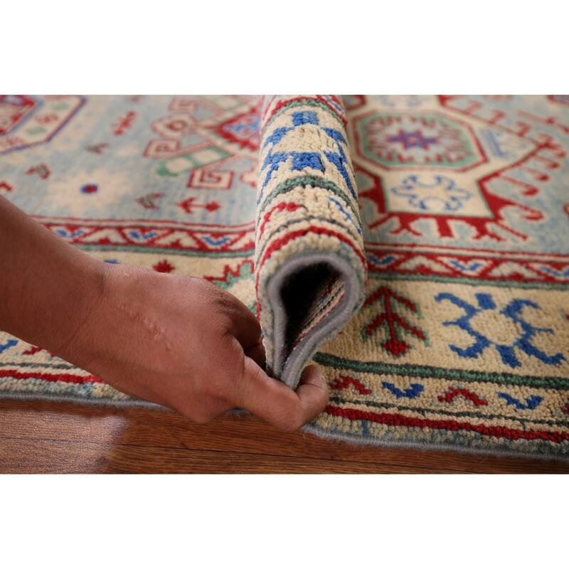 Geometric Kazak Oriental Runner Rug Hand-Knotted Grey Wool Carpet - 2'7" x 16'0"