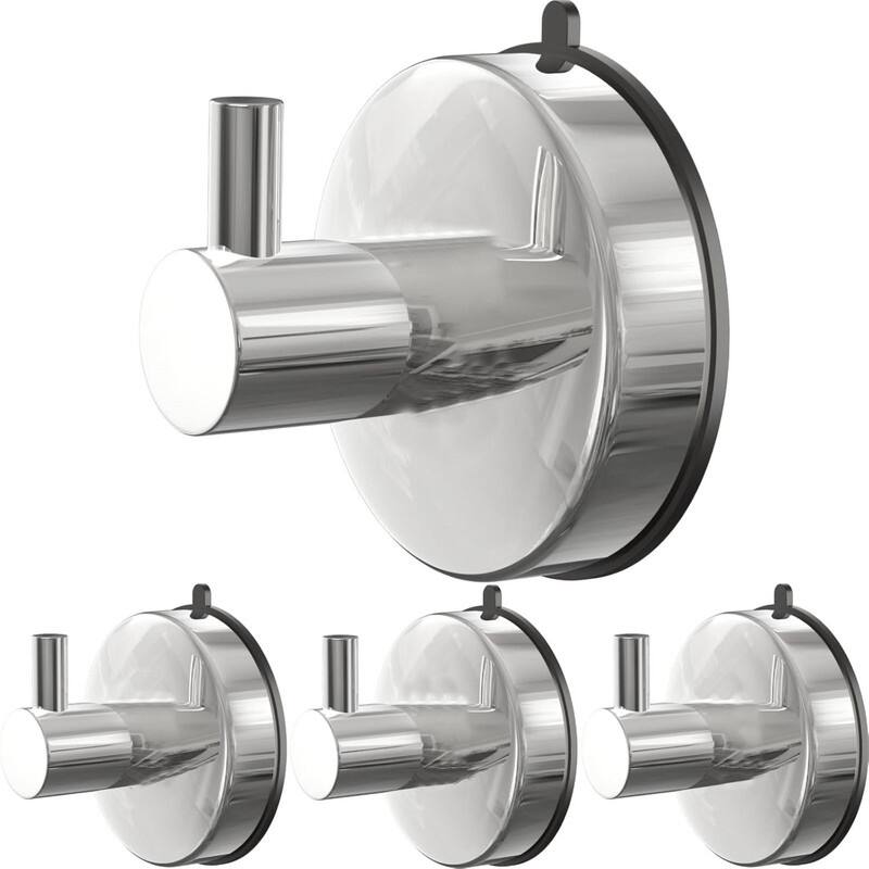 Bathroom Suction Cup Hooks 4 Piece Set 304 Stainless Steel 15lb Shower Hooks - Silver