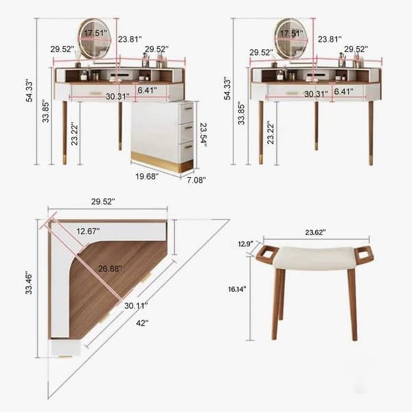 dimension image slide 0 of 4, Modern Corner Makeup Vanity Table with LED Lighted Mirror, Vanity Desk with 5 Drawers and Stool, Piano Finish