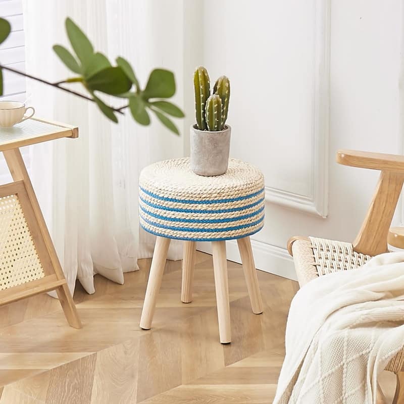 Footstool Ottoman Round with Solid Wood Legs