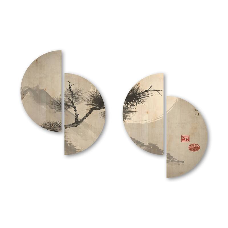 Designart 'Pine Tree Branch' Japanese Wood Wall Art Set of 4 Half