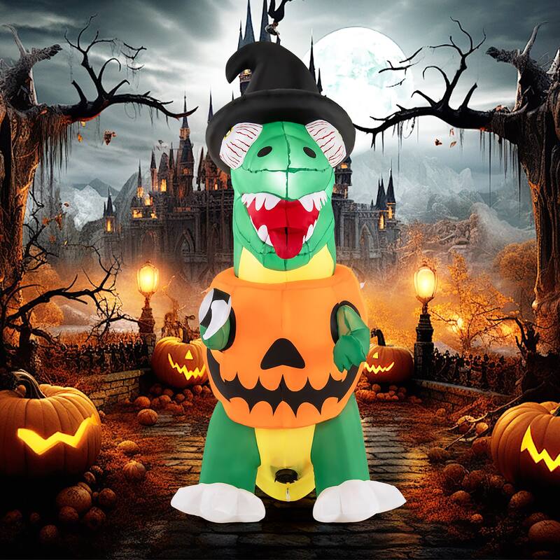 Gymax 6 FT Inflatable Pumpkin Dinosaur w/ Built-in LED Lights & Witch