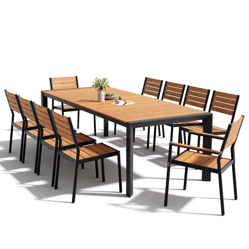 Set of 11 Outdoor Patio Dining Set WoodLike Table Top Aluminum Rectangular Umbrella Hole Table with Stackable Chairs Set