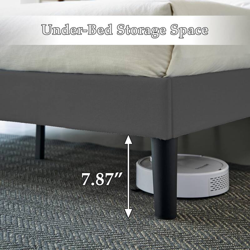 Strong Frame and Wooden Slats Support Bedframe，Platform Bed Frame with Linen Upholstered Headboard,Grey Bed Frames