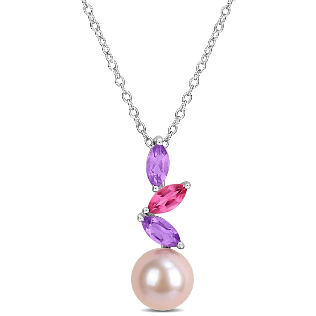Miadora Pink Cultured Freshwater Pearl 3/4ct TGW African Amethyst and Pink Topaz Necklace Sterling Silver
