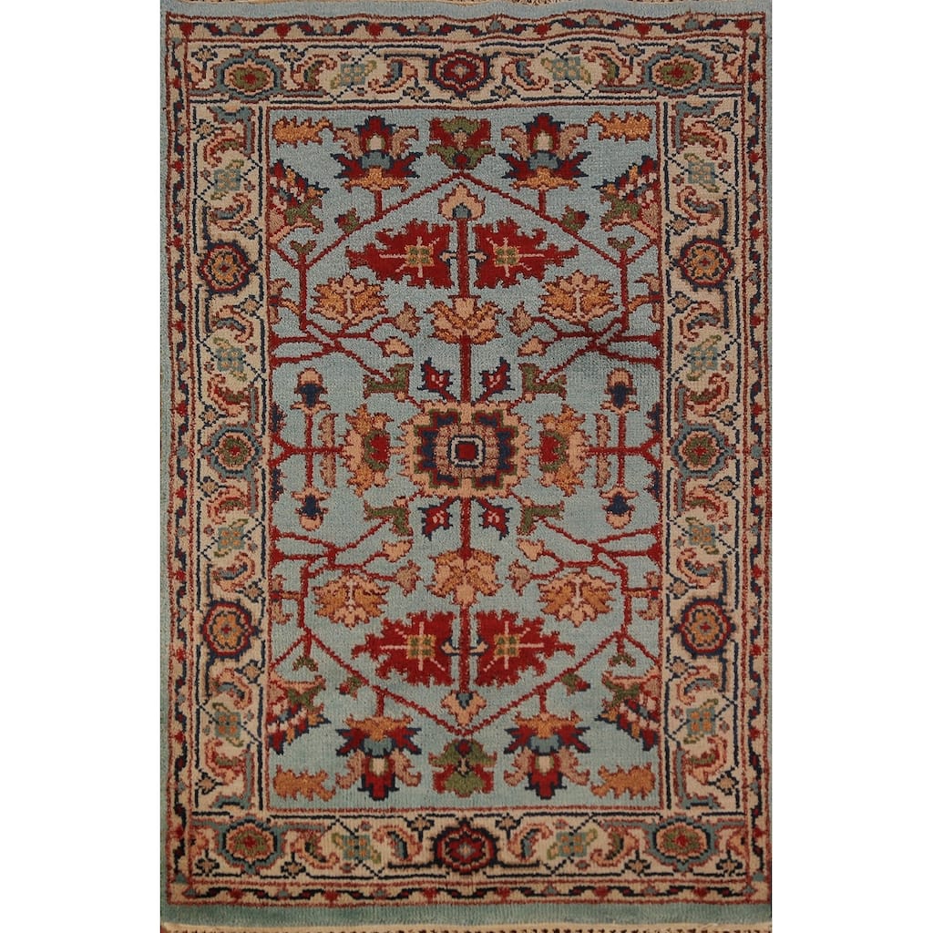 Light Blue Floral Oushak Indian Foyer Rug Handmade Wool Carpet - 2'11"x 5'1"