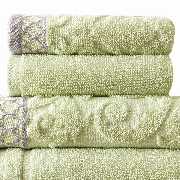 Noa 6 Piece Soft Egyptian Cotton Towel Set, Solid Damask Trim, Green