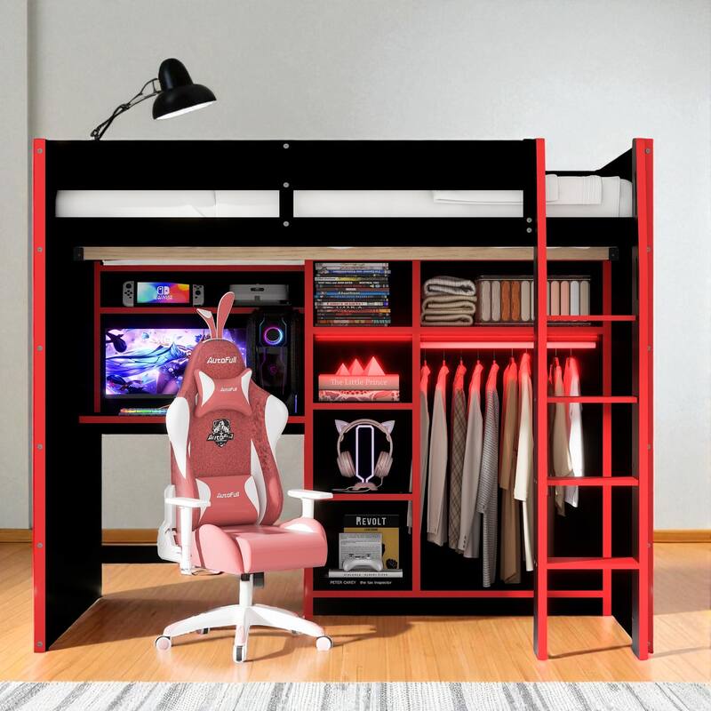 Full Size Wood Loft Bed with Desk, Open Wardrobe, Shelves and RGB LED Lights for Gaming & Storage
