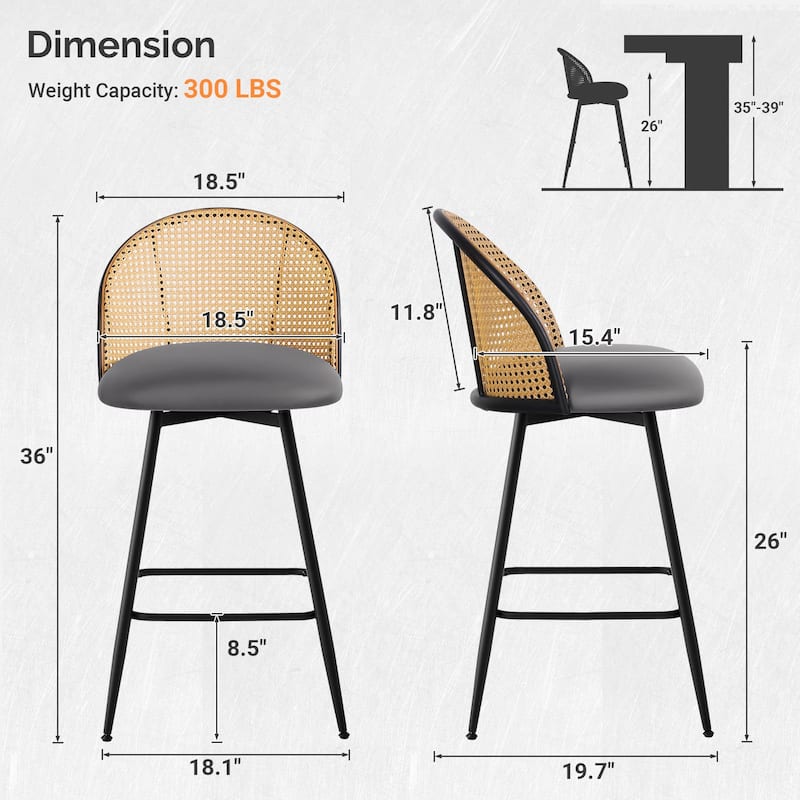 26-Inch Swivel Counter Height Bar Stools with Rattan Back - 36"H x 18.5"W x 19.7"D