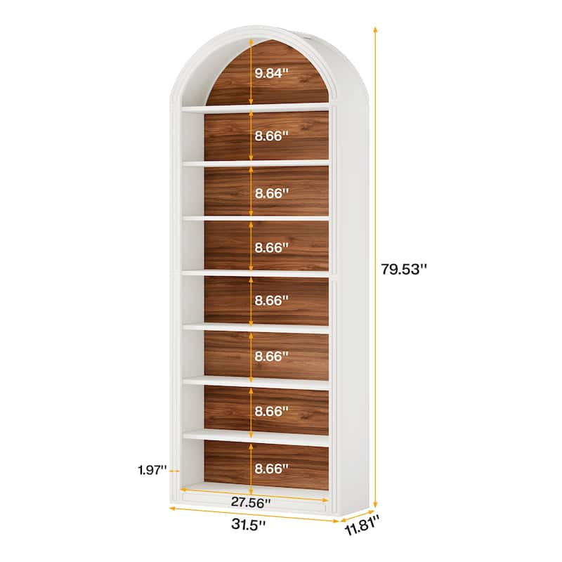 79.5" Tall Arched Bookcase with Storage Shelves