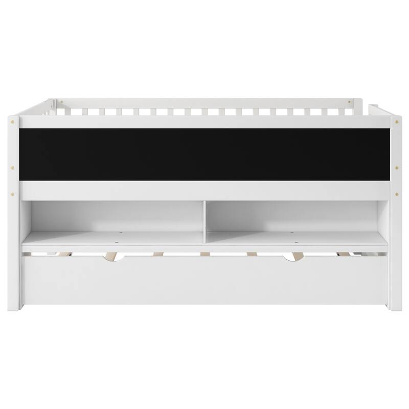 Twin Size Solid Platform Bed With Trundle And Blackboard - 2 Storage Shelves, No Box Spring Needed