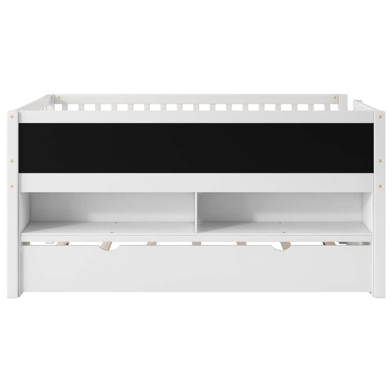Twin Size Wood Low Loft Bed with Storage Shelves, Blackboard and Trundle, White