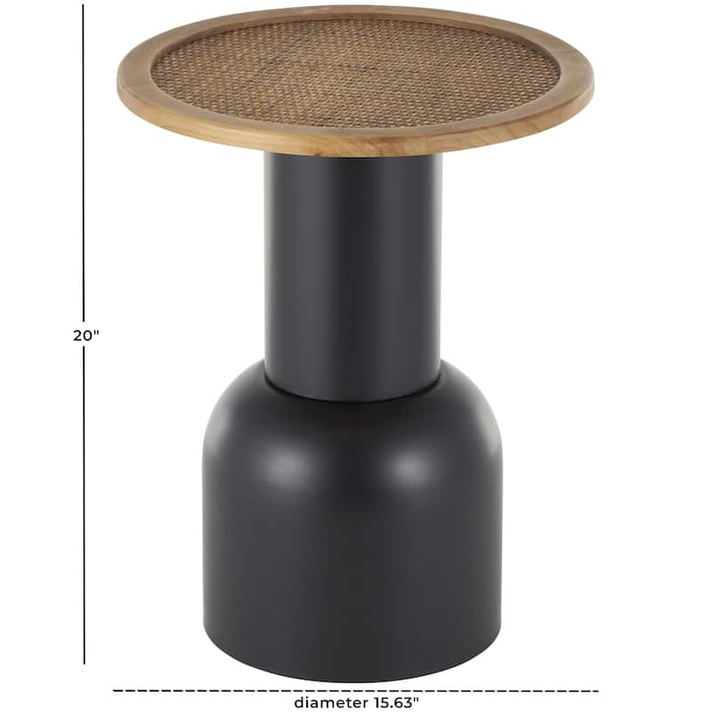 Metal Handmade Pedestal Accent Table with Brown Rattan Tabletop - Black - Roche River Decor
