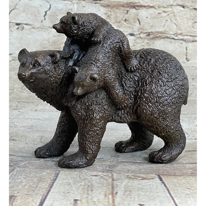 Young Cubs On Back Mother Bear 100 Percent Solid Bronze Statue Sculpture Figurine