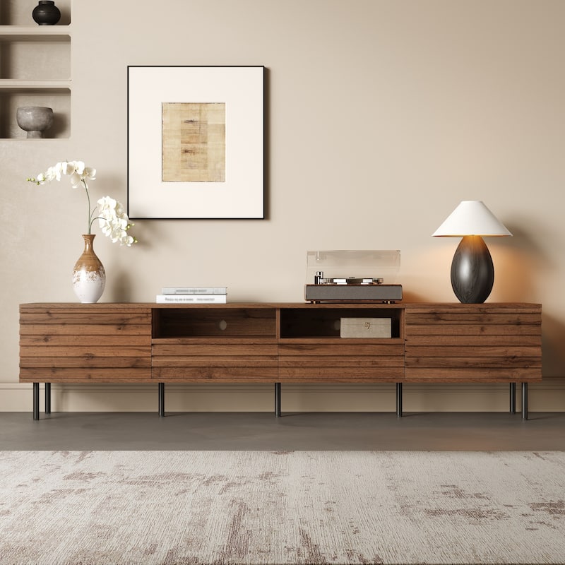 TV Stand for Living Room, Mid Century Modern Entertainment Center for 65/75/85" TVs, Slatted Door Design Media Console Table