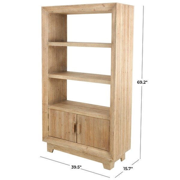 Light Brown Wood 3 Shelf and 2 Door Shelving Unit with Natural Wood Grain and Texture