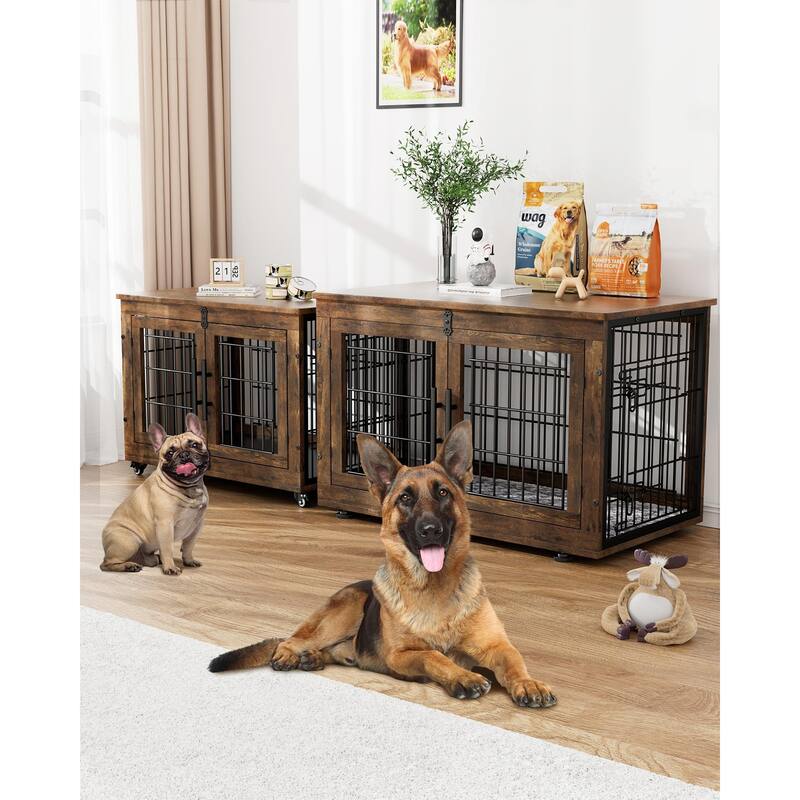 Dog Crate Furniture with Cushion Double Doors Wooden Dog Kennel