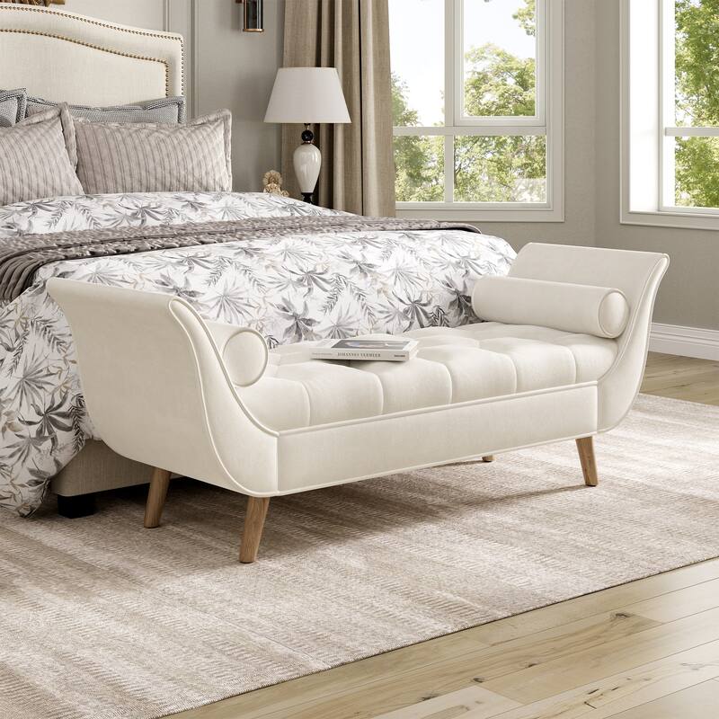 Dusty Teal Button-Tufted Ottoman Bench - Large Upholstered Foot Rest with Legs & Rolled Arms - Beige