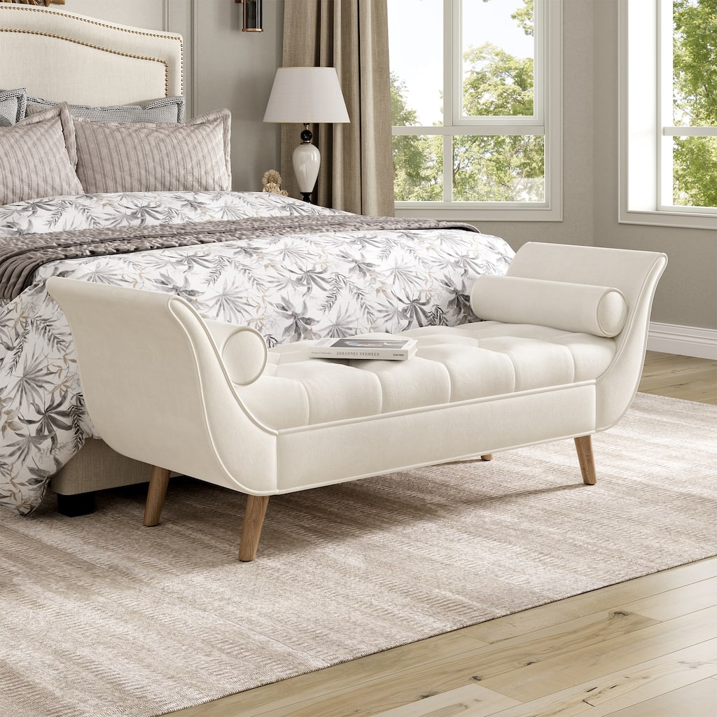 Dusty Teal Button-Tufted Ottoman Bench - Large Upholstered Foot Rest with Legs & Rolled Arms