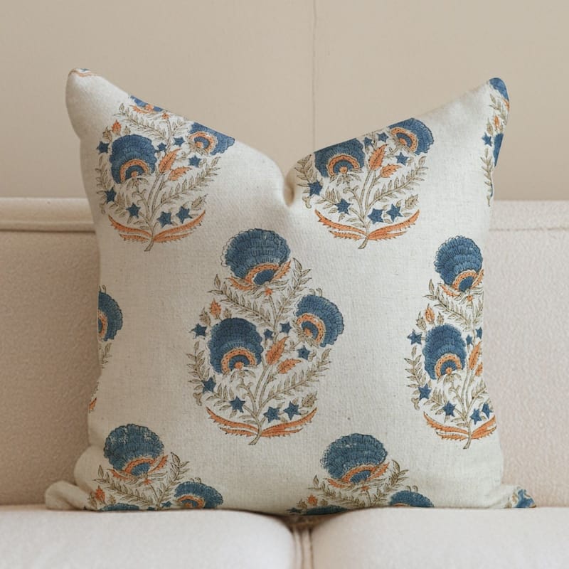 Fabdivine Soft Pillow Cover Shape Floral Block Print for Hotel Couch Spring Guest Room Blue Farmhouse, Mohini