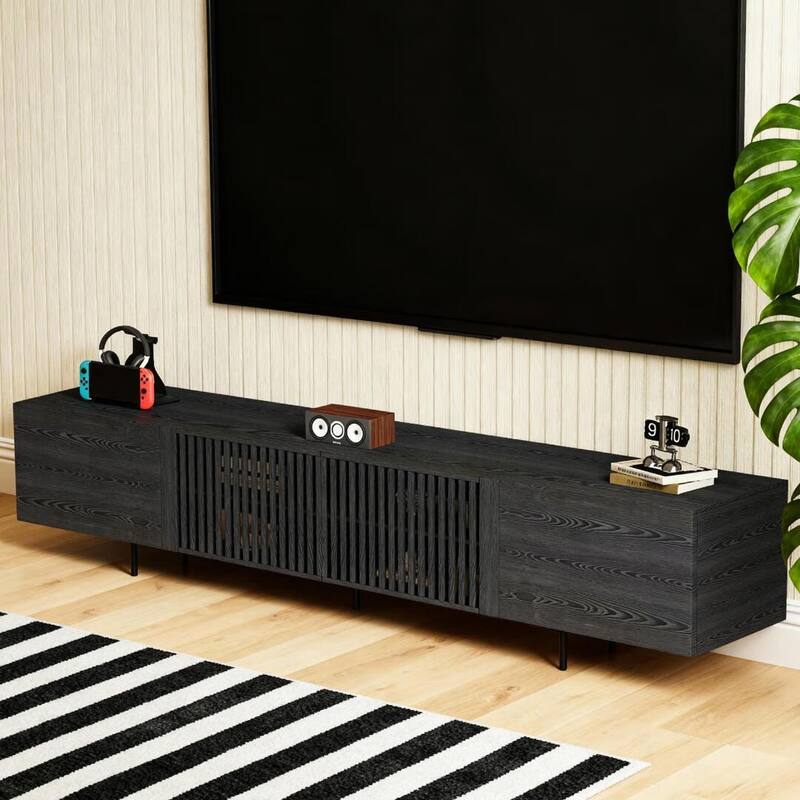 Stylish mid-century modern TV stand for up to 80" TVs. Ample storage for media devices, cable management. easy assembly.