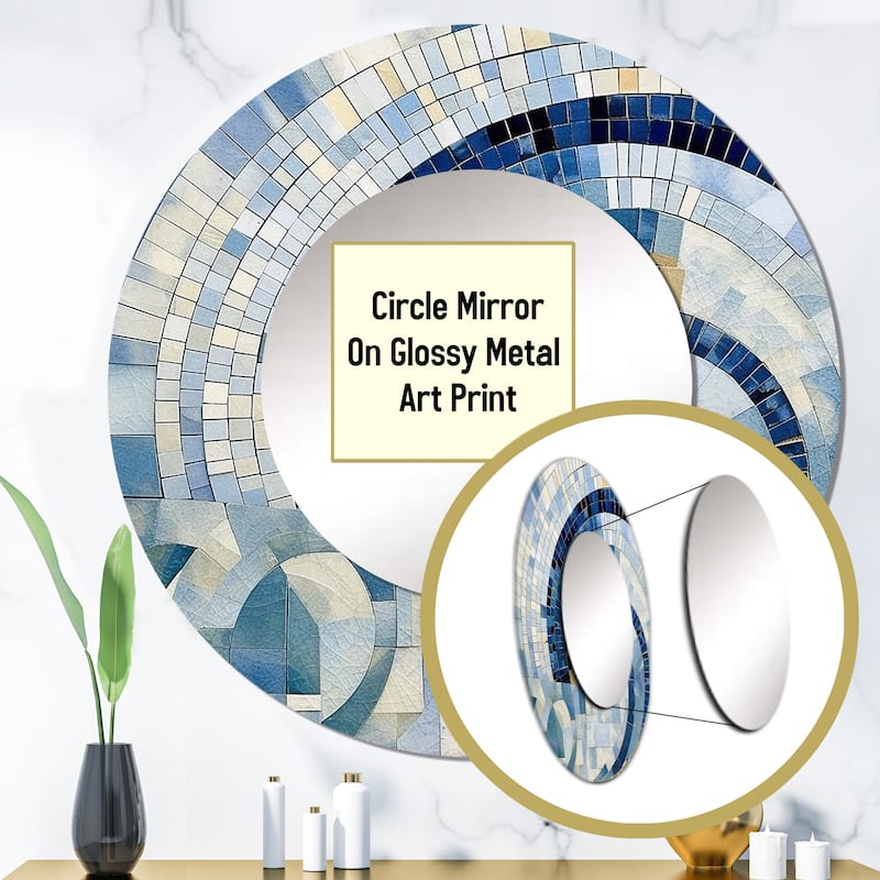 Designart "Gold Constructing Blue Realms IV" Abstract Shapes Round Mirror For Wall Decor - Modern Blue Bedroom Mirror