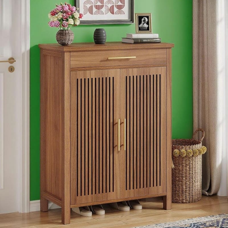 Modern Shoe Storage Cabinet with 5 Removable Shelves and Large Drawer for Entryway Use - 31.5”L x 14.17”W x 42.91”H - Natural