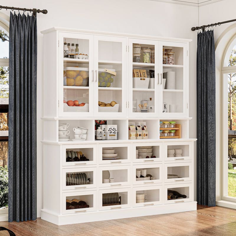 Large Kitchen Pantry Cabinet with Glass Doors and Bottom-Pull Drawers