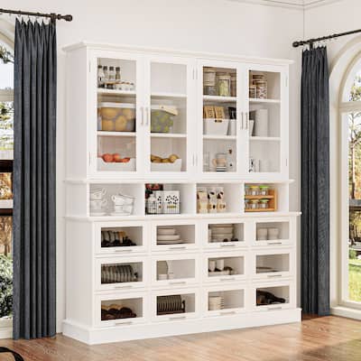 Large Kitchen Pantry Cabinet with Glass Doors and Bottom-Pull Drawers