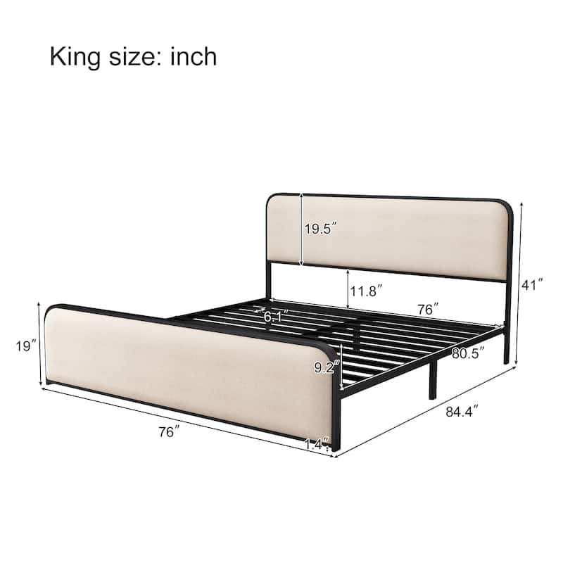 Modern Metal Platform Bed Frame with Curved Upholstered Headboard and Under Bed Storage, Heavy Duty Metal Slats