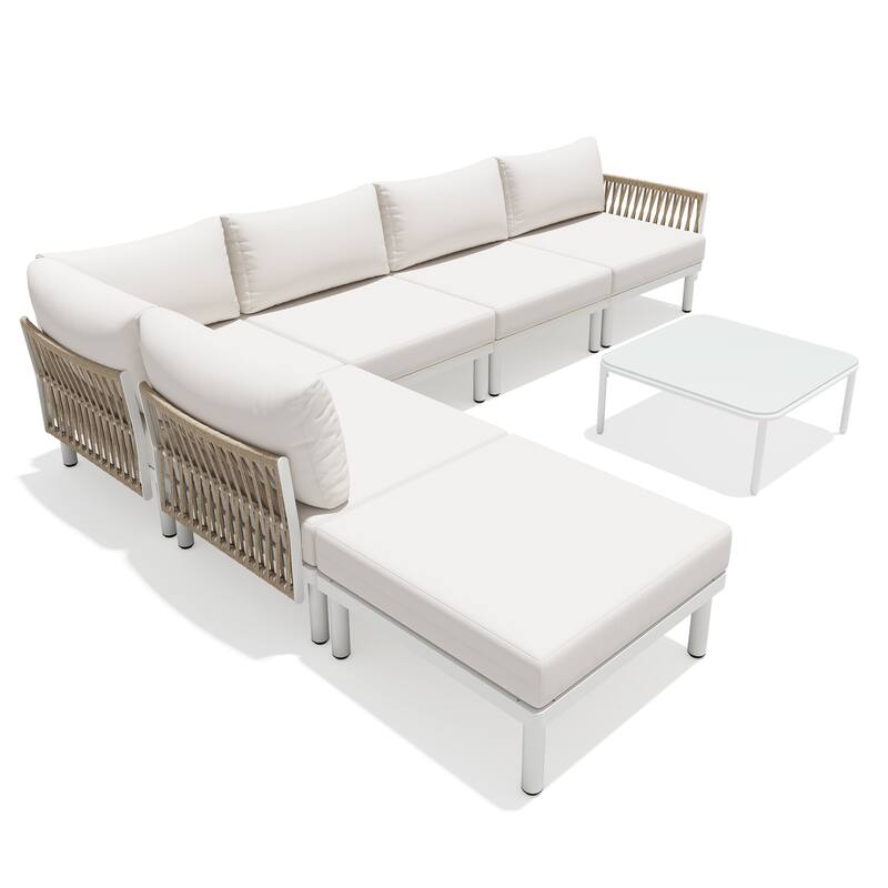 Outdoor Modular All-Weather Aluminum Cushioned Sectional Sofa Set with Deep Seating Patio Conversation Set - 6PC - Beige