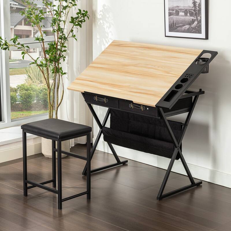 Javlergo Drafting Table Drawing Table Artist Desk Tilting Tabletop Art Craft Desk 2 Storage Drawers and Stool for Home Office