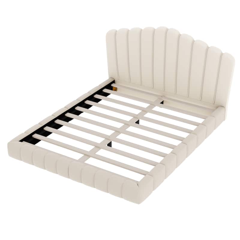 Velvet Upholstered Queen Bed Frame Floor Bed Shell-Shaped Headboard Wingback Frame Bed, No Box Spring Needed