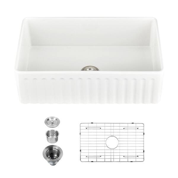 slide 2 of 8, DORNBERG Fireclay 30" L X 18" W Farmhouse Kitchen Sink with Grid and Strainer White