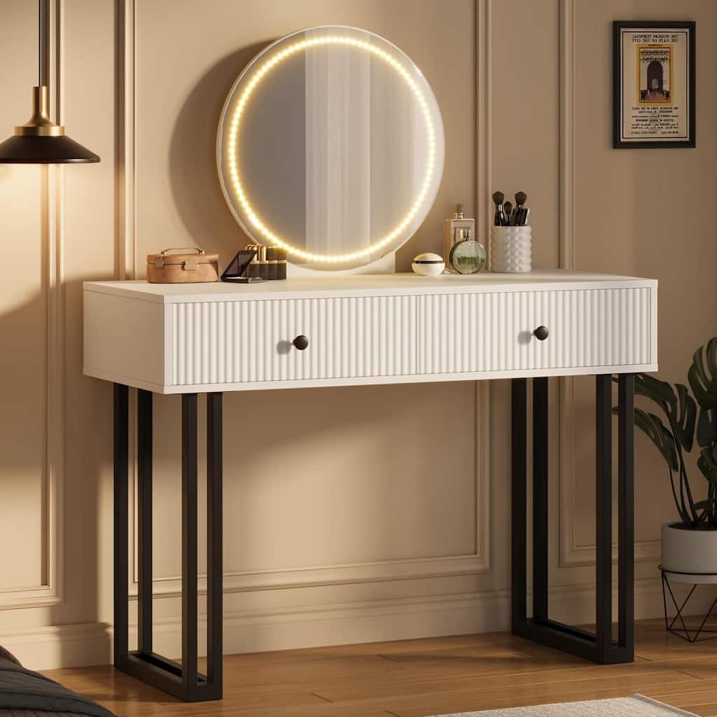 Vanity Desk with Mirror and 3 Color Lights and Adjustable Brightness