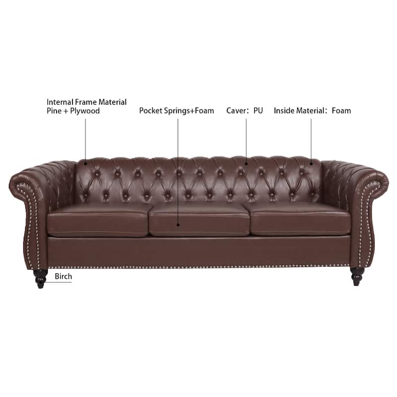 84.65" PU Rolled Arm Chesterfield 3 Seater Sofa