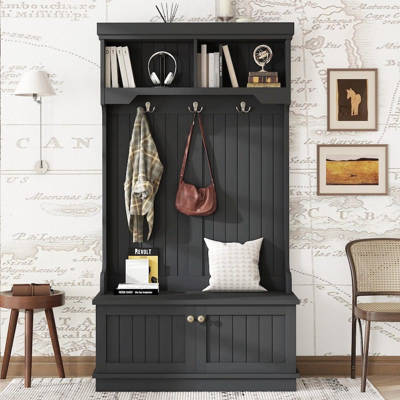 Hall Tree with Storage Shoe Bench for Entryway - 4-in-1 Coat Rack Design with Hooks - Black