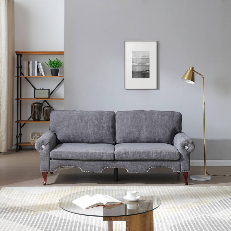 80-Inch Modern Linen 3 seat Sofa with Wooden Legs & Crystal button and Copper Nail, Tufted Backrest, for Living Room - Grey