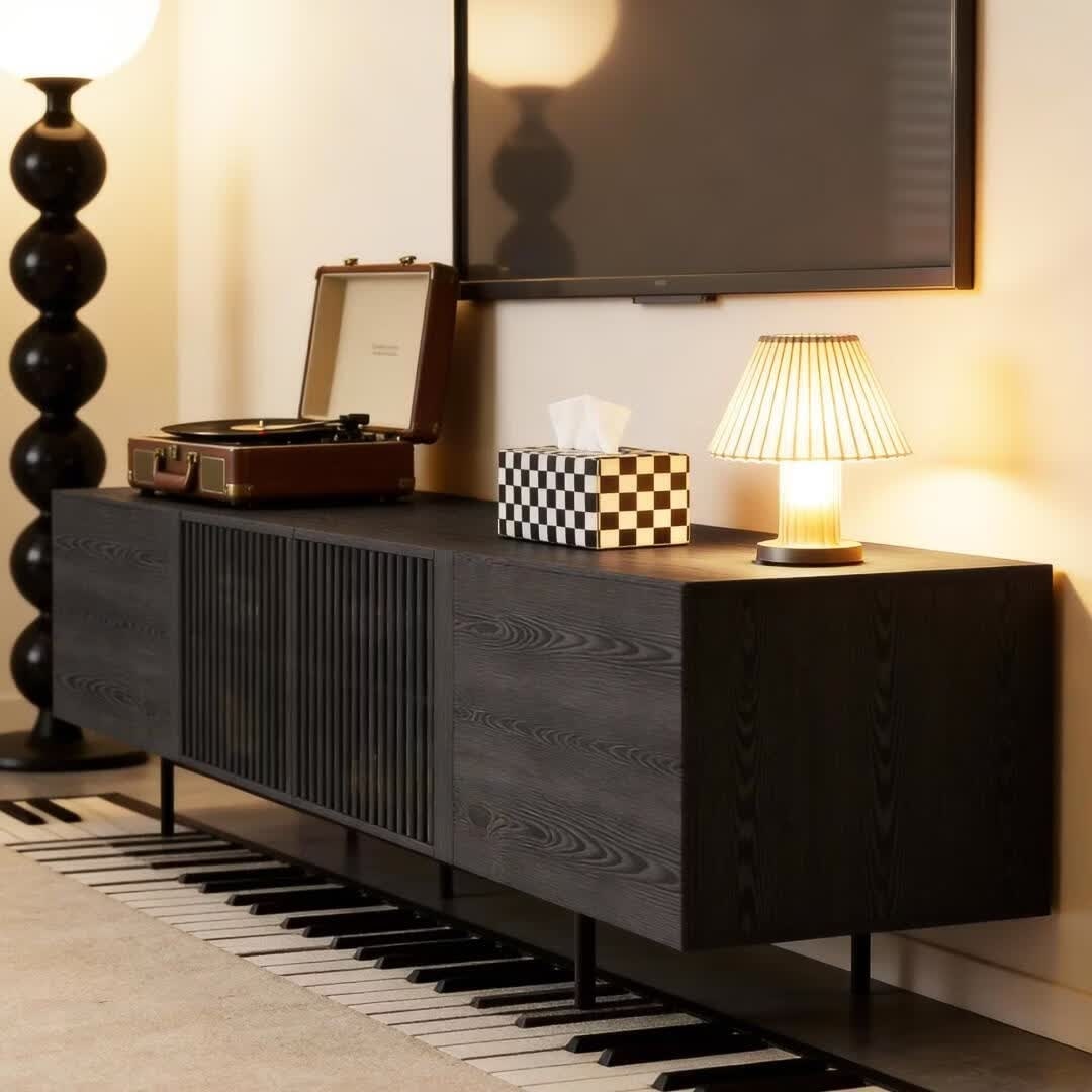 94.48 Inch Modern Black Wood TV Stand With Slatted Doors