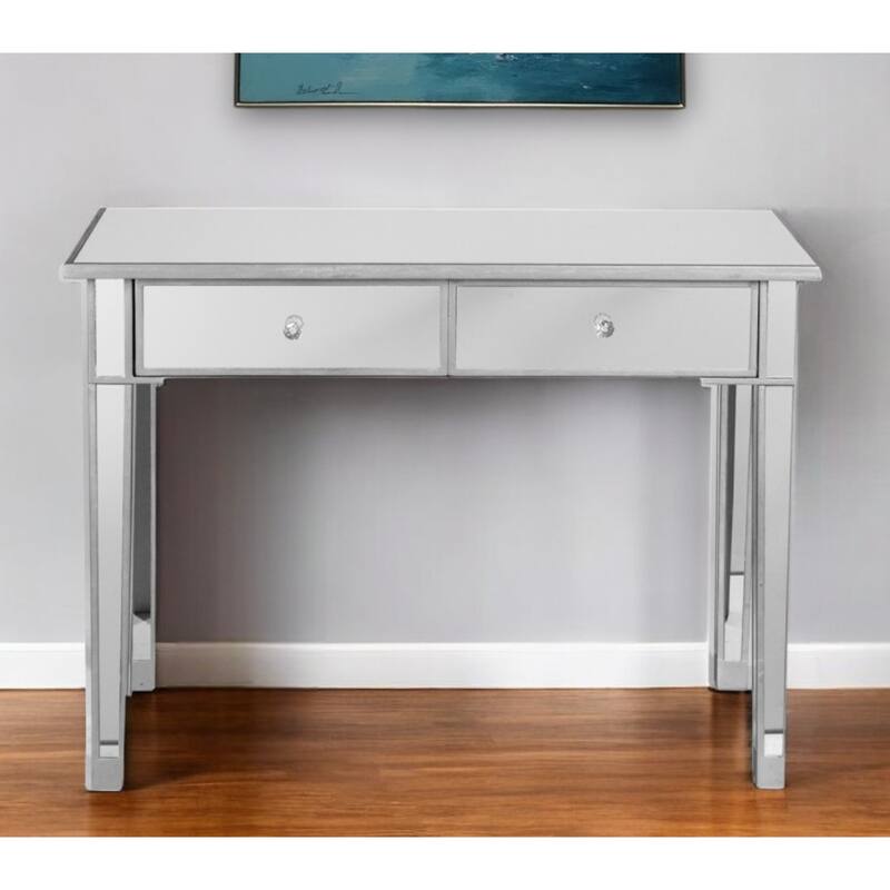Silver Mirrored Glass Rectangular Console Table with 2 Drawers and Wood Base - 39.5” L x 17.75” W x 28.5” H