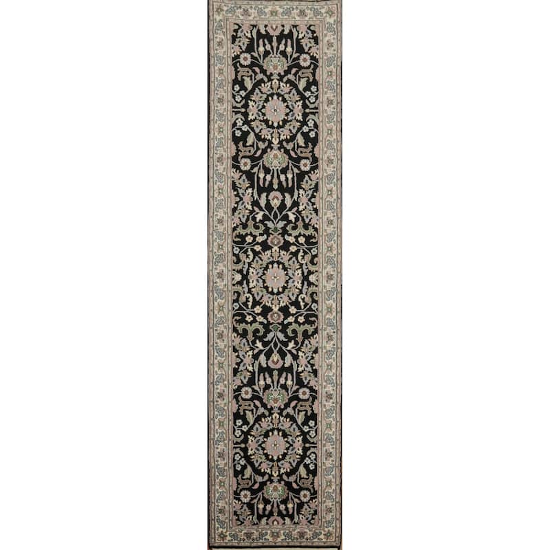 Hand Knotted Oriental 100% Wool Carpet Traditional All-Over Navy Blue & Blues Kashan Runner Rug - 10' 2'' X 2' 6''