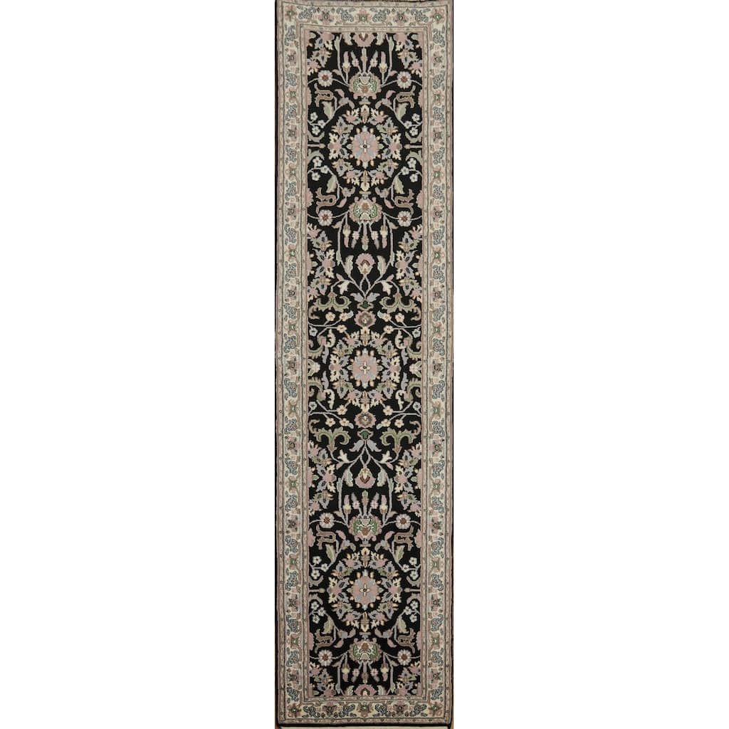 Hand Knotted Oriental 100% Wool Carpet Traditional All-Over Navy Blue & Blues Kashan Runner Rug - 10' 2'' X 2' 6''