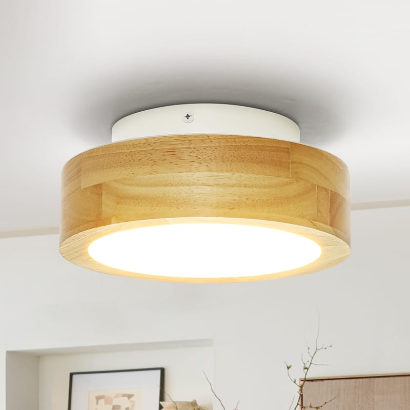 1-Light 7.87 in. Modern Farmhouse Small LED Round Wall Sconce in Natural Rubberwood Finish - 7.87 in. W x 3.35 in. H