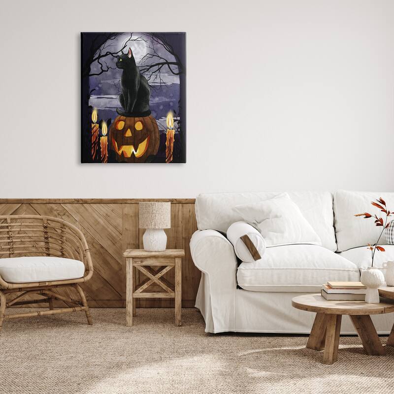 Stupell Full Moon Halloween Night Spooky Black Cat Jack-o'-lantern Canvas Wall Art - Orange