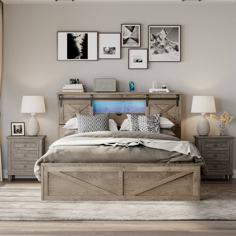 Farmhouse Bed Frame King Size with LED Lights and Charging Station, Wooden Queen Bed with 2 Storage Drawers