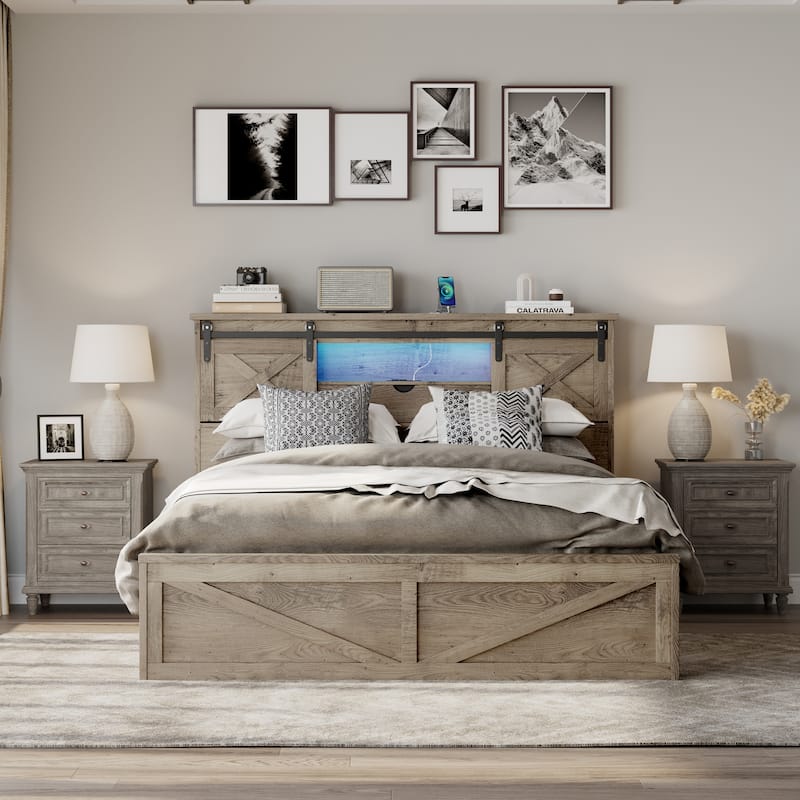 Farmhouse Queen Platform Bed Frame with LED, Charging Station, Drawers, Storage Headboard with Sliding Barn Door and Cabinets - Grey - Queen