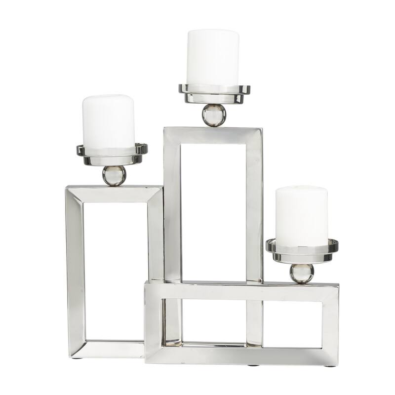 Stainless Steel Metal Geometric Open Frame Decorative Candelabra with Overlapping Rectangles - Silver - Roche River Decor - Silver