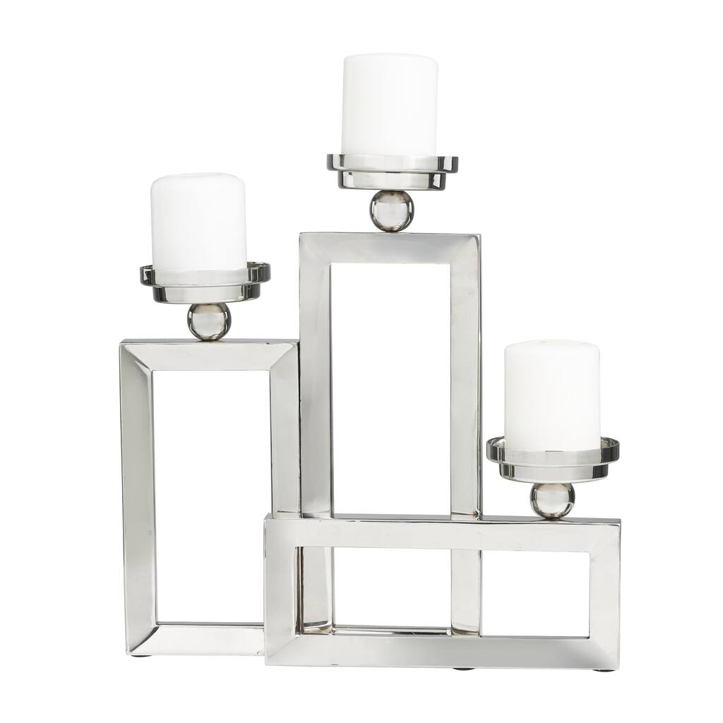 Stainless Steel Metal Geometric Open Frame Decorative Candelabra with Overlapping Rectangles - Silver - Roche River Decor