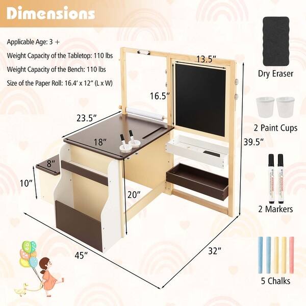 dimension image slide 0 of 2, Costway Kids Art Center Wooden Table Bench Set Adjustable Double-Sided - See Details