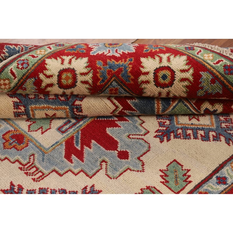 Geometric Beige / Ivory Kazak Oriental Area Rug Handmade Wool Carpet - 4'2" x 5'7"